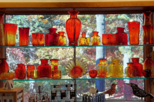 A display of glass works at the Folk Art Center